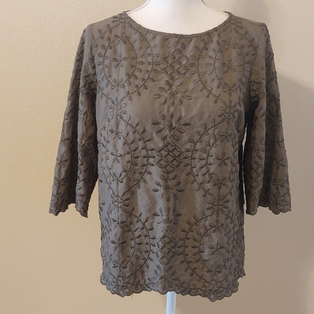 Chico's Women's Olive Green Embroidered Blouse